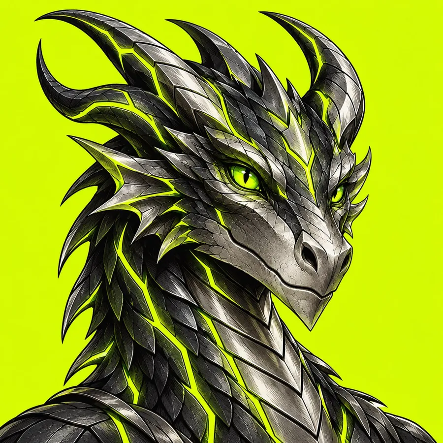 DRAX, a steel-scaled dragon with glowing lime eyes and lime seams between his scales